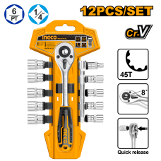 Набор торцевых головок с трещоткой INGCO HKTS14122 INDUSTRIAL 1/4" 5-14 мм 12 шт.