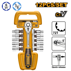 Набор торцевых головок с трещоткой INGCO HKTS38122 INDUSTRIAL 3/8" 8-19 мм 12 шт.